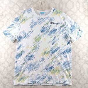 Champion Brushstroke T Shirt Mens Medium White Blue Green Casual Tee